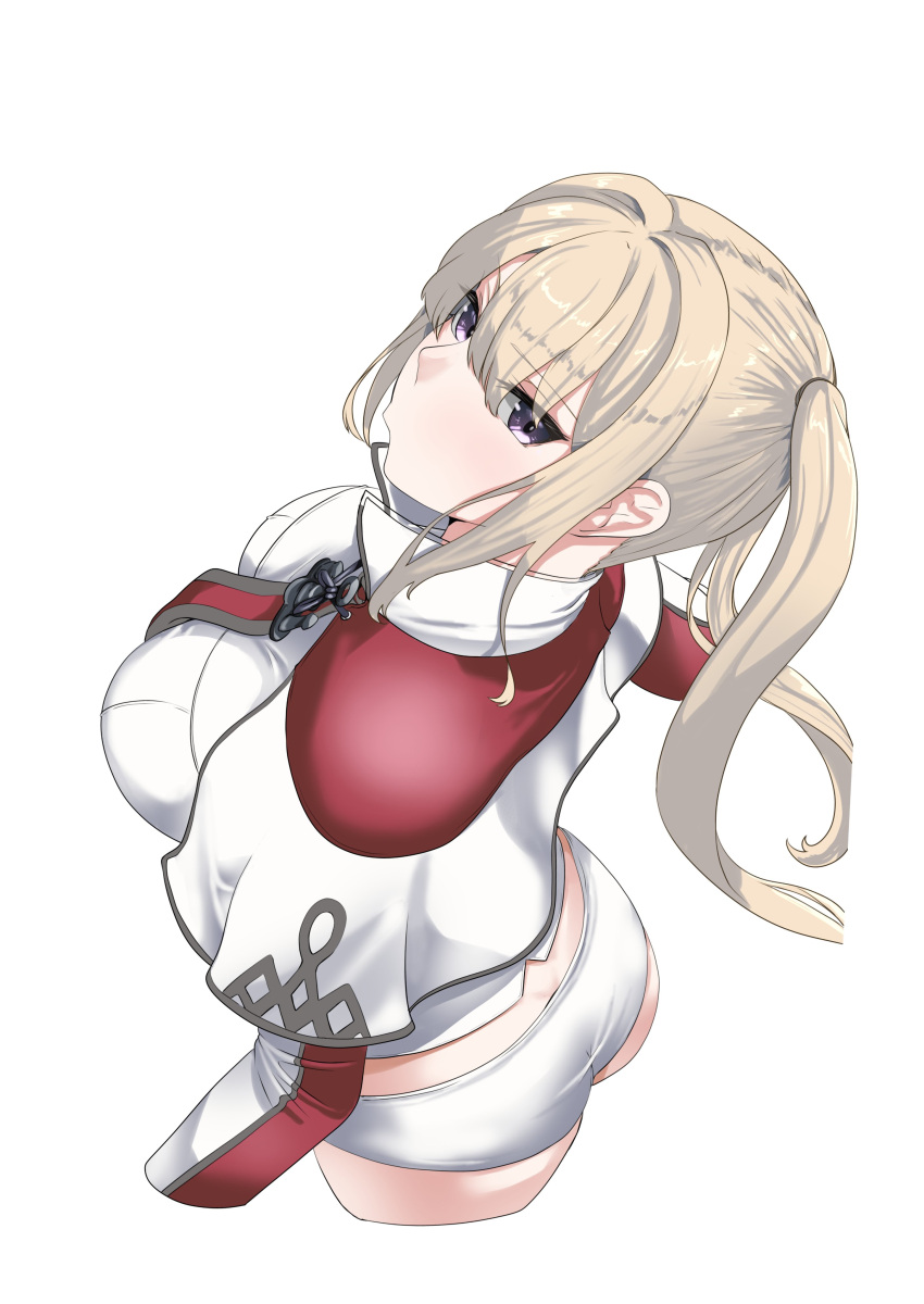 1girl absurdres anchor_ornament blonde_hair breasts celtic_knot cropped_arms from_above from_behind graf_zeppelin_(kancolle) grey_eyes highres jouzaburou_(joe3) kantai_collection large_breasts looking_up necktie panties shirt sidelocks simple_background solo tsurime twintails underwear white_background white_panties white_shirt