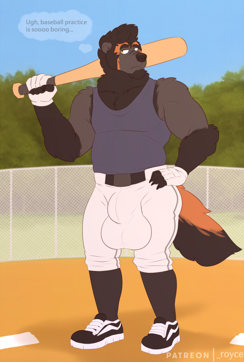 anthro balls baseball_(sport) baseball_bat bat_(object) beard big_balls black_body black_fur black_hair bottomwear claws clothed clothing digital_media_(artwork) facial_hair footwear fur genitals gloves grey_body grey_fur gulonine hair hand_on_hip handwear hi_res huge_balls legwear male mammal muscular muscular_male mustelid musteline orange_body orange_fur outline rine royce_hayes shirt shoes socks solo sport tank_top text thought_bubble topwear unimpressed wolverine