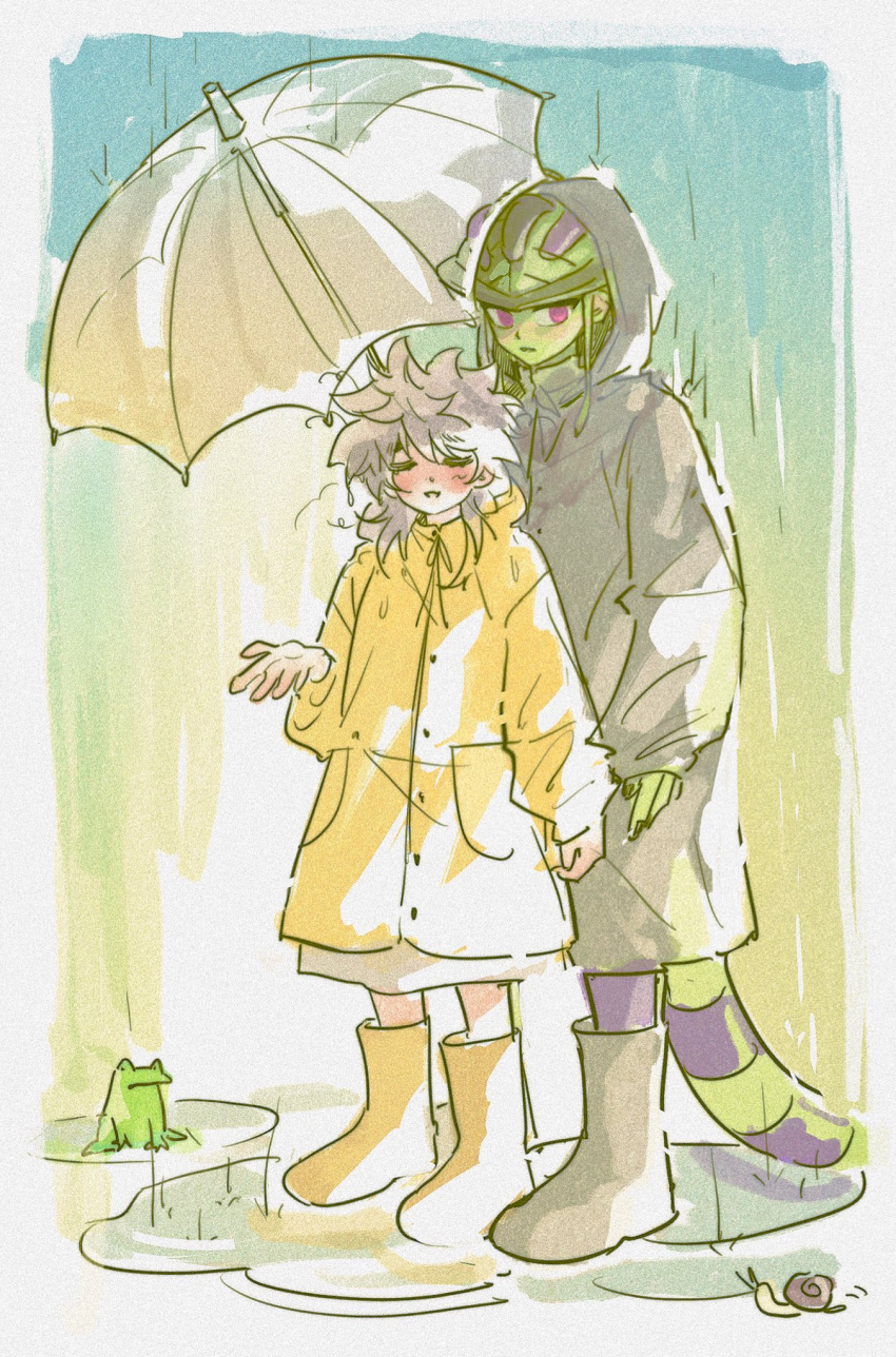 1boy 1girl alternate_costume arthropod_boy blind butn_0925 chimera_ant closed_eyes coat colored_skin frog full_body green_skin grey_coat highres holding holding_umbrella hunter_x_hunter komugi_(hunter_x_hunter) long_earlobes long_hair long_sleeves meruem messy_hair rain raincoat snail tail umbrella white_hair yellow_coat