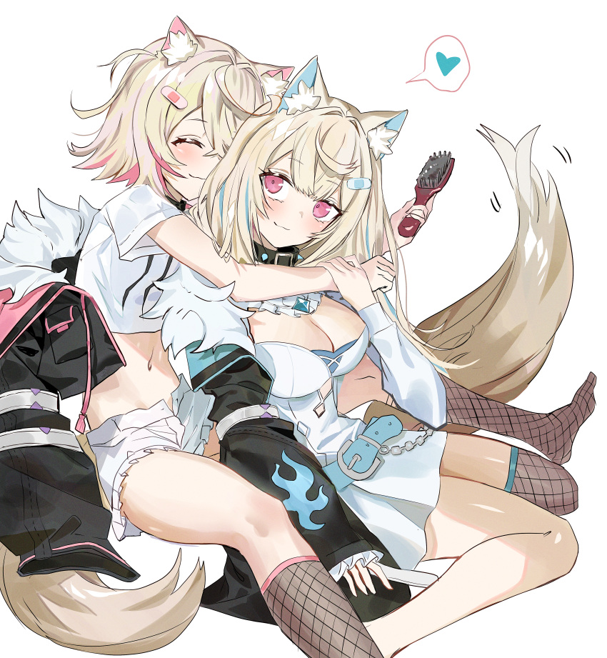 2girls absurdres animal_ear_fluff animal_ears belt_collar black_collar black_jacket blonde_hair blue_hair blush breasts cleavage cleavage_cutout closed_eyes closed_mouth clothing_cutout collar cropped_jacket cropped_shirt dog_ears dog_girl dog_tail dress fishnet_socks fishnets frilled_shorts frills fur-trimmed_jacket fur_trim fuwawa_abyssgard hair_brush heart highres holding holding_hair_brush hololive hololive_english jacket large_breasts looking_back medium_hair mococo_abyssgard multicolored_hair multiple_girls pink_eyes pink_hair r_t9vt shirt short_shorts shorts siblings single_fishnet_legwear sisters smile socks spiked_collar spikes spoken_heart streaked_hair tail twins virtual_youtuber white_background white_dress white_shirt white_shorts