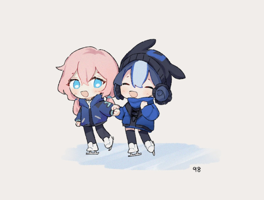 2girls :d arknights beanie black_headwear black_pantyhose black_ribbon black_thighhighs blue_eyes blue_hair blue_jacket blue_poison_(arknights) chibi closed_eyes commentary dailybloopy full_body glaucus_(arknights) grey_background hair_between_eyes hat ice_skates ice_skating jacket light_blue_hair light_blush long_hair long_sleeves low_twintails multiple_girls neck_ribbon open_clothes open_jacket open_mouth pantyhose pink_hair ribbon shirt short_hair simple_background skates skating smile symbol-only_commentary thighhighs twintails white_shirt