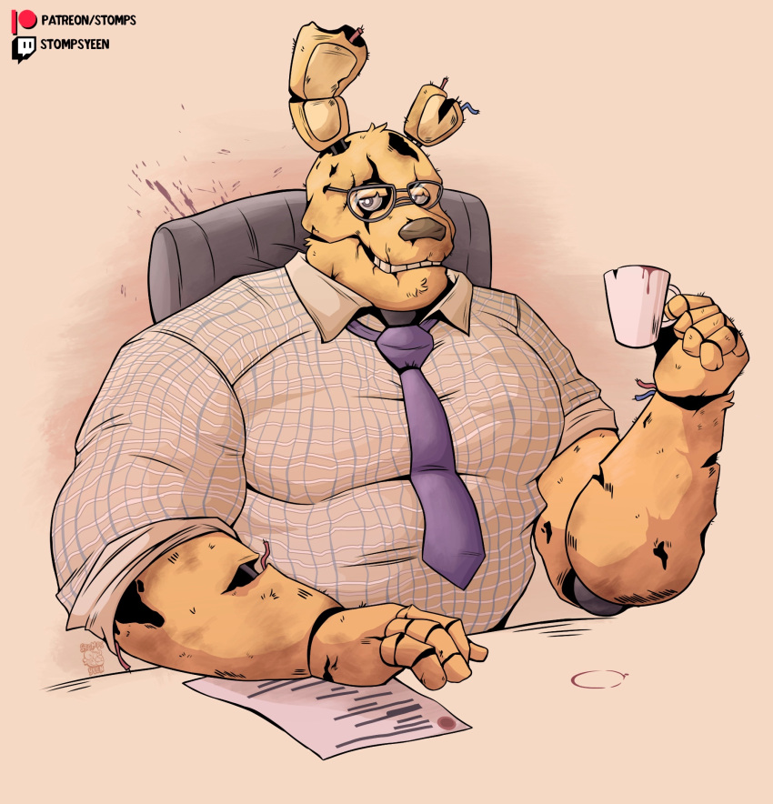 2023 animatronic anthro big_muscles chair clothed clothing coffee_mug desk dress_shirt eyewear five_nights_at_freddy's five_nights_at_freddy's_3 furniture glasses hi_res holding_object lagomorph leporid looking_at_viewer machine male mammal muscular muscular_anthro muscular_male necktie notched_ear paper patreon pecs pink_background rabbit robot scottgames shirt simple_background sitting smile solo springtrap_(fnaf) stompsthecroc table teeth text topwear twitch.tv url wire