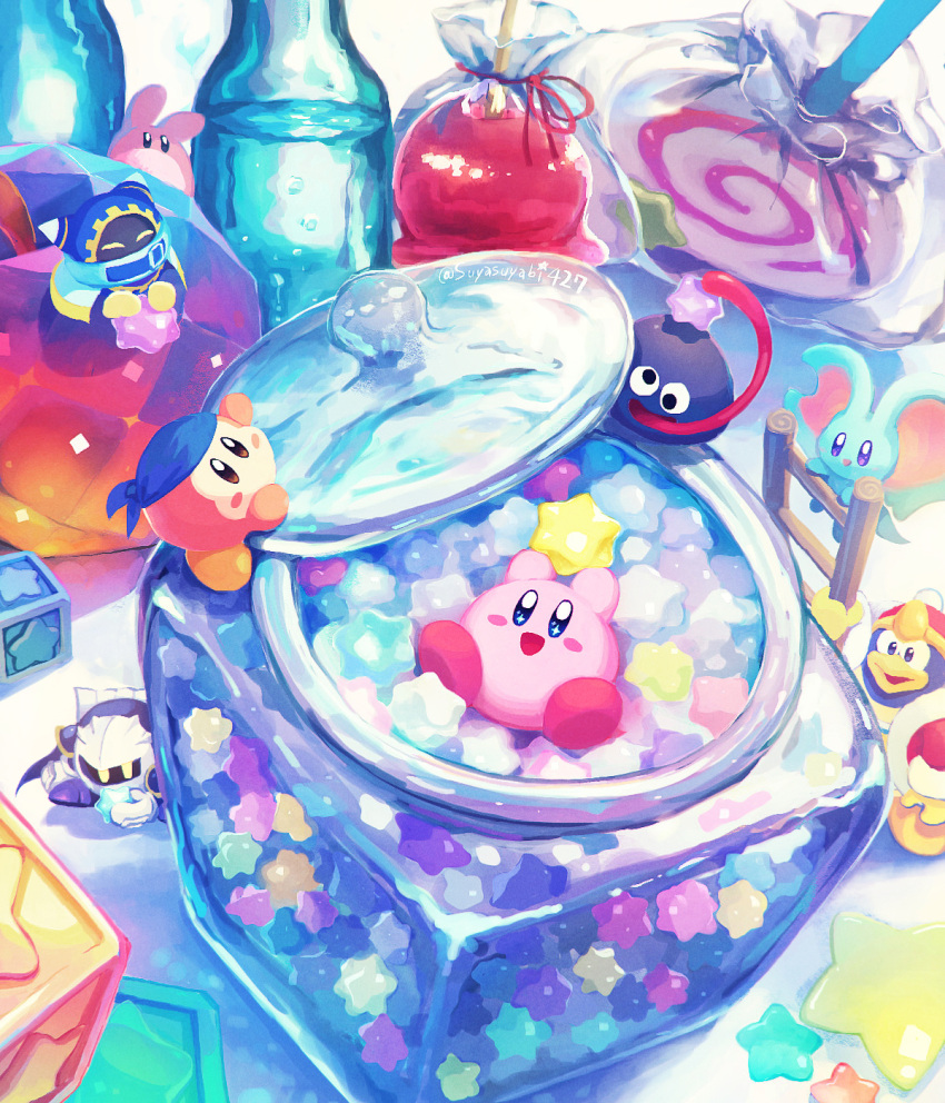 animal_ears bandana bandana_waddle_dee blue_bandana blush_stickers bottle candy candy_apple cape closed_eyes commentary_request disembodied_limb elfilin food gloves gooey_(kirby) highres invincible_candy jar king_dedede kirby kirby_(series) konpeitou ladder magolor mask meta_knight mouse_ears no_humans notched_ear open_mouth polof pom_pom_(clothes) smile solid_oval_eyes star_(symbol) suyasuyabi tongue twitter_username yellow_eyes