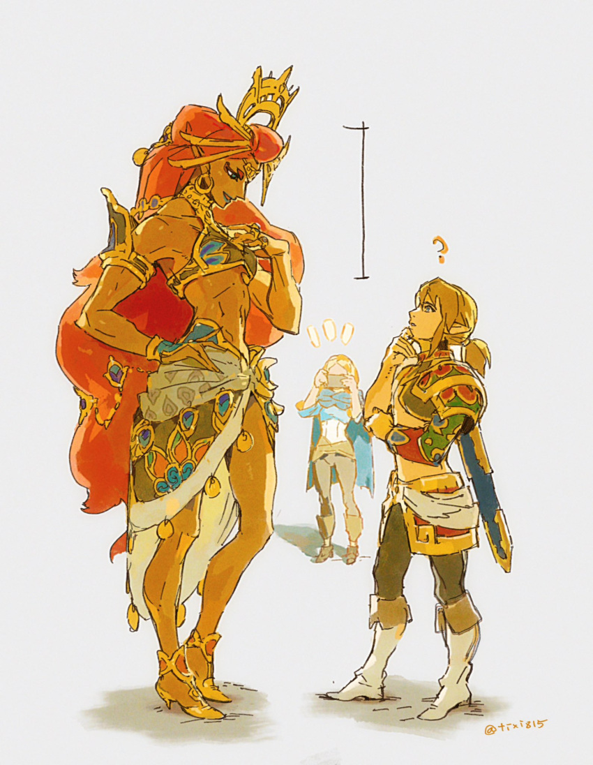 1boy 2girls ? aged_up armlet armor asymmetrical_armor bad_link black_leggings blue_cape blue_lips boots breastplate cape contrapposto corset dark-skinned_female dark_skin earrings full_body gerudo grey_background hand_on_own_chest hand_on_own_chin hand_on_own_hip headdress headpiece height_difference high_heels highres hoop_earrings jewelry leggings link long_hair looking_at_viewer looking_down looking_up makeup master_sword midriff multiple_girls pointy_ears ponytail princess_zelda red_hair riju ring scabbard sheath simple_background skirt standing stiletto_heels taking_picture tall the_legend_of_zelda the_legend_of_zelda:_breath_of_the_wild tiara tixili toned twitter_username white_corset