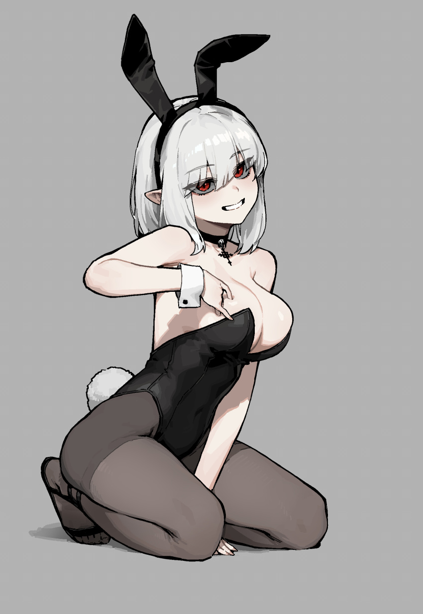 1girl absurdres animal_ears arm_support black_choker black_footwear black_hairband black_leotard breasts choker cleavage commentary fake_animal_ears fake_tail full_body gogalking grey_background grey_pantyhose grin hair_between_eyes hairband hand_on_own_chest highres large_breasts leotard looking_at_viewer medium_hair original pantyhose playboy_bunny pointy_ears rabbit_ears rabbit_tail red_eyes sandals seiza simple_background sitting smile solo tail vampire's_sister_(gogalking) white_hair wrist_cuffs