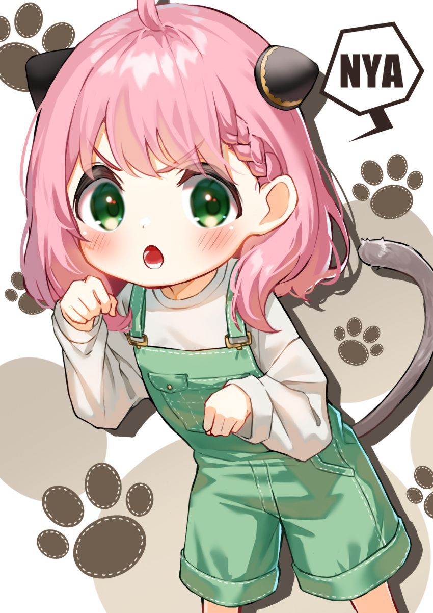 1girl :o ahoge anya_(spy_x_family) blush braid brown_background cat_tail child commentary_request cone_hair_bun double_bun green_eyes green_overalls green_shorts hair_behind_ear hair_between_eyes hair_bun hairpods hands_up highres leaning_forward long_sleeves looking_at_viewer medium_hair nyan open_mouth overall_shorts overalls paw_pose paw_print pink_hair shirt shorts sidelocks simple_background single_braid solo speech_bubble spy_x_family standing tail teeth tongue two-tone_background v-shaped_eyebrows white_background white_shirt zumi6