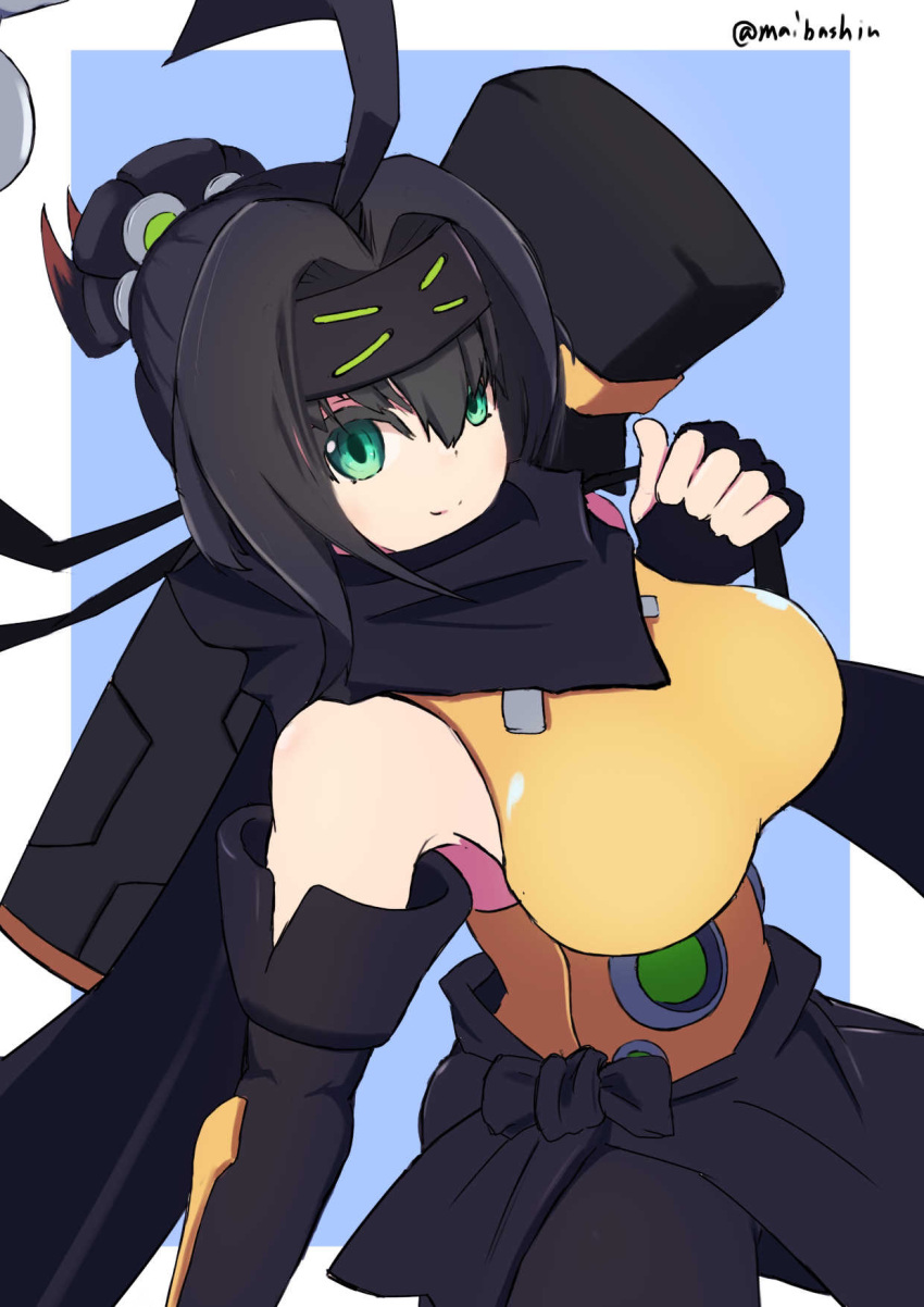 1girl ahoge bare_shoulders black_hair breasts carrying_over_shoulder clothes_around_waist duel_monster elbow_gloves forehead_protector gloves green_eyes highres jacket jacket_around_waist large_breasts meda_otoko ponytail s-force_rappa_chiyomaru s:p_little_night shirt sleeveless sleeveless_shirt smile solo twitter_username yu-gi-oh!