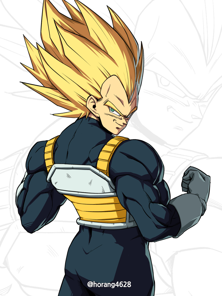 1boy absurdres armor artist_name biceps blonde_hair blue_bodysuit bodysuit clenched_hands closed_mouth commentary_request dragon_ball gloves green_eyes hands_up highres horang4628 korean_commentary looking_at_viewer looking_back male_focus muscular muscular_male saiyan_armor simple_background smile smirk solo spiked_hair super_saiyan super_saiyan_1 twitter_username v-shaped_eyebrows vegeta white_background white_gloves widow's_peak zoom_layer