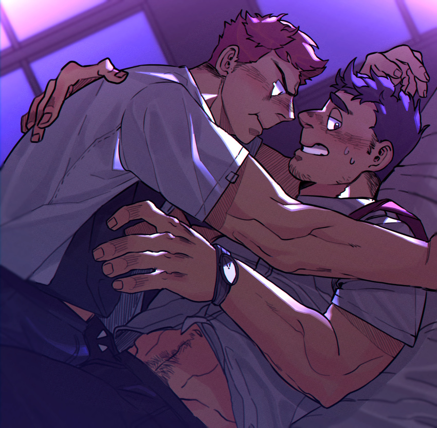 2boys averting_eyes bara blush bulge bulge_press bulges_touching from_side goatee_stubble highres male_focus multiple_boys muscular muscular_male navel navel_hair nervous_smile nervous_sweating original partially_undressed pink_hair pout purple_hair short_hair sideburns smile stomach sweat tearing_up thick_eyebrows ttn_(239_239) yaoi
