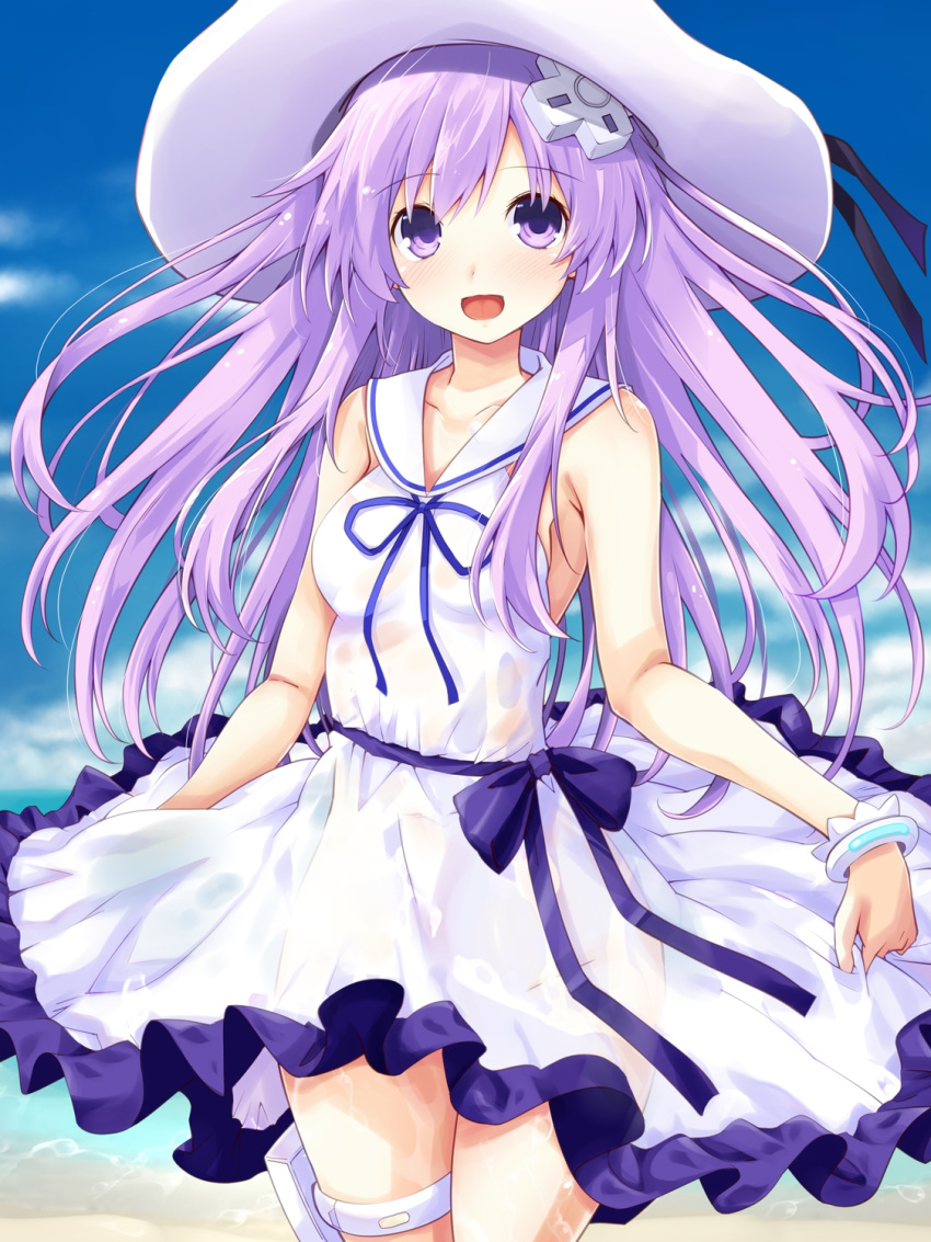 1girl blue_eyes blush bracelet breasts commission dress hair_between_eyes happy hat highres holster iwashi_dorobou_-r- jewelry long_hair looking_at_viewer medium_breasts multiple_girls nepgear neptune_(series) open_mouth pink_hair second-party_source shirt skeb_commission small_breasts smile sun_hat thigh_holster very_long_hair wet wet_clothes white_dress