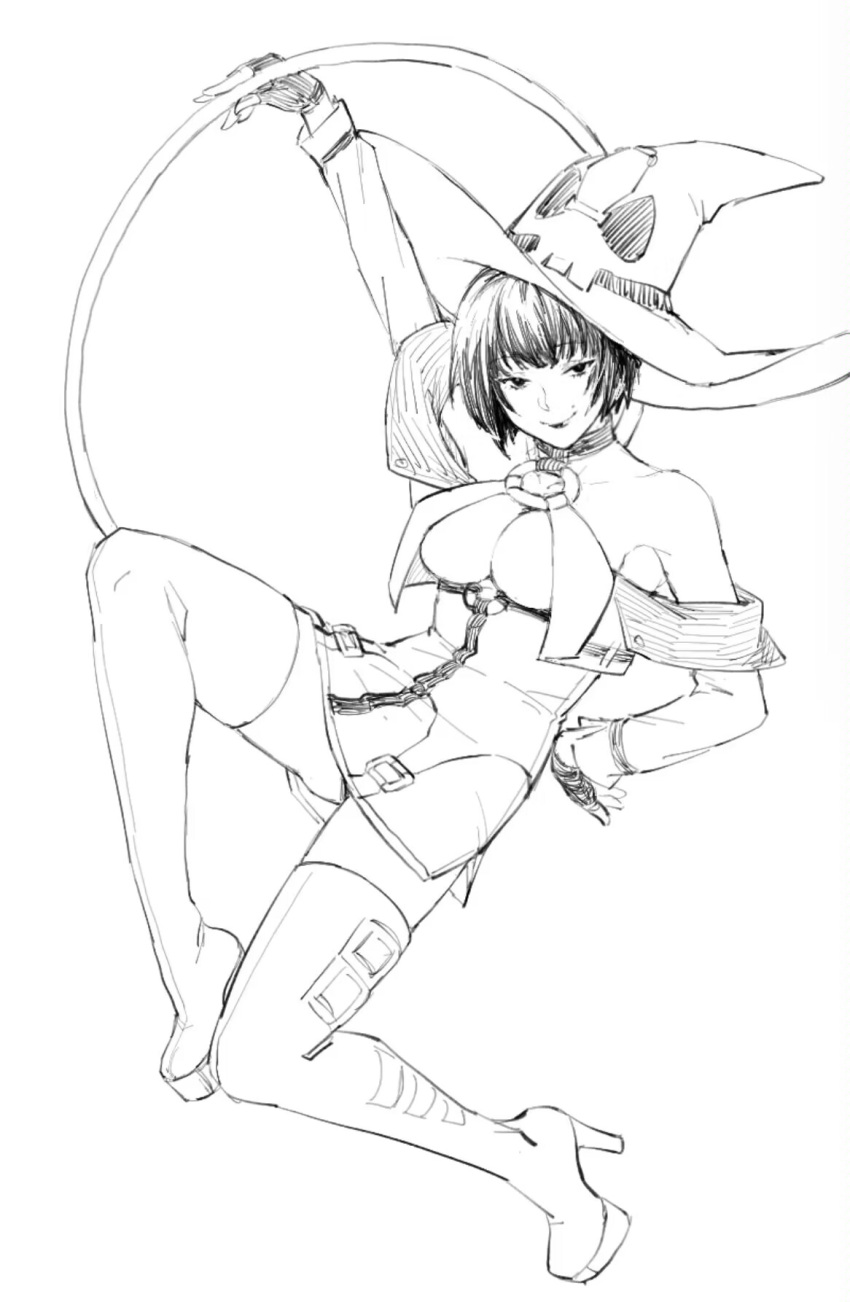 1girl bare_shoulders boots breasts choker cleavage fingerless_gloves gloves guilty_gear guilty_gear_xrd hat highres hoop hula_hoop i-no kuangren_k large_breasts looking_at_viewer mole mole_above_mouth monochrome short_hair simple_background thigh_boots witch_hat
