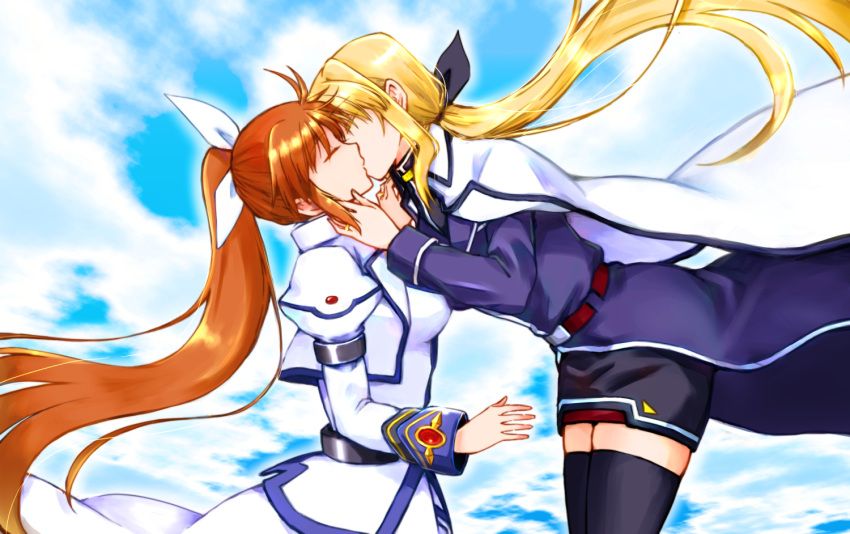 2girls belt black_ribbon black_thighhighs blonde_hair blue_jacket blue_sky bow brown_hair cape closed_eyes cloud commentary_request commission couple cropped_jacket day dress fate_testarossa fate_testarossa_(impulse_form) gloves hair_ribbon hand_on_another's_face jacket kiss leoheart long_hair long_sleeves lyrical_nanoha magical_girl mahou_shoujo_lyrical_nanoha mahou_shoujo_lyrical_nanoha_strikers military military_uniform multiple_girls orange_hair outdoors pixiv_commission ponytail red_hair ribbon skirt sky takamachi_nanoha takamachi_nanoha_(exceed_mode) thighhighs twintails uniform very_long_hair white_cape white_dress white_jacket white_ribbon wife_and_wife yuri zettai_ryouiki