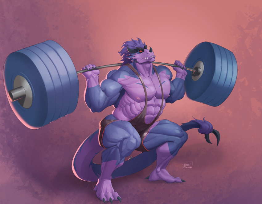 absurd_res anthro big_muscles claws clothing dragon exercise facial_horn fangs hi_res horn love_sushi male muscular nipples nose_horn pecs red_eyes scalie solo talons teeth weightlifting weights workout