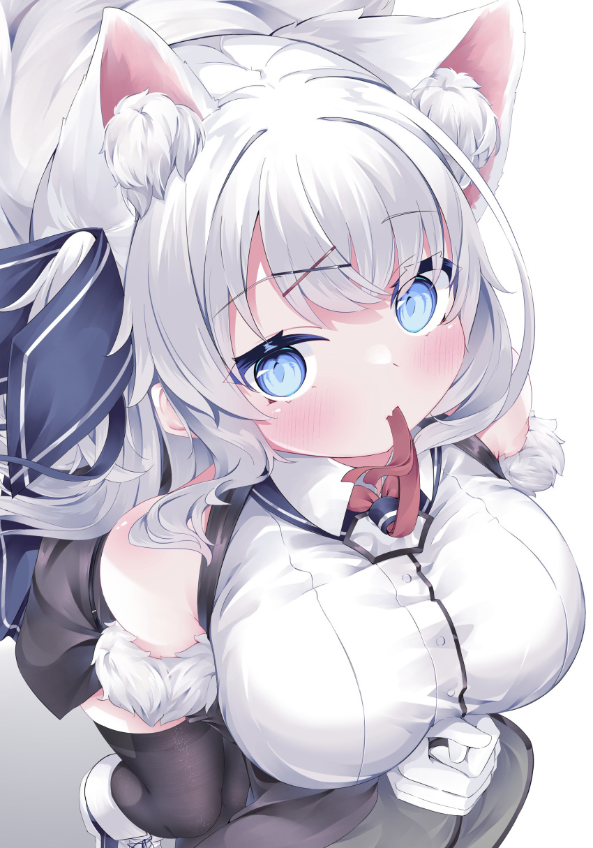 1girl absurdres animal_ear_fluff animal_ears black_thighhighs blue_eyes blue_ribbon blush breasts detached_sleeves extra_ears fang fox_ears fox_girl fox_tail fur-trimmed_sleeves fur_trim gloves hair_ornament hair_ribbon highres konagi_(konotuki) large_breasts long_hair looking_at_viewer mouth_hold neck_ribbon one_side_up original own_hands_clasped own_hands_together red_ribbon ribbon shirt skin_fang solo tail thighhighs white_gloves white_hair white_shirt x_hair_ornament
