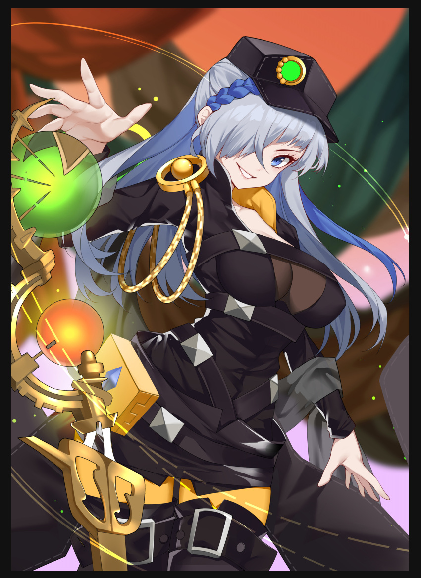 1girl absurdres belt blue_eyes blue_hair braid breasts chest_belt cleavage duel_monster grey_hair grin hand_up hat highres kikistark large_breasts long_hair multicolored_hair multiple_belts smile solo staff teeth thigh_belt thigh_strap witchcrafter_haine yu-gi-oh!