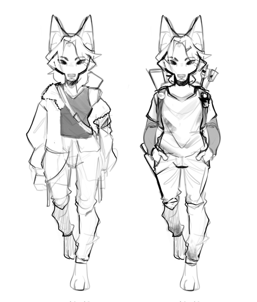 2023 anthro barefoot biped bottomwear bulochka canid canine clothed clothing eyebrows feet female fox full-length_portrait fully_clothed greyscale hair hi_res hindpaw jacket mammal monochrome pants paws portrait shirt simple_background sketch snout solo standing topwear walking white_background