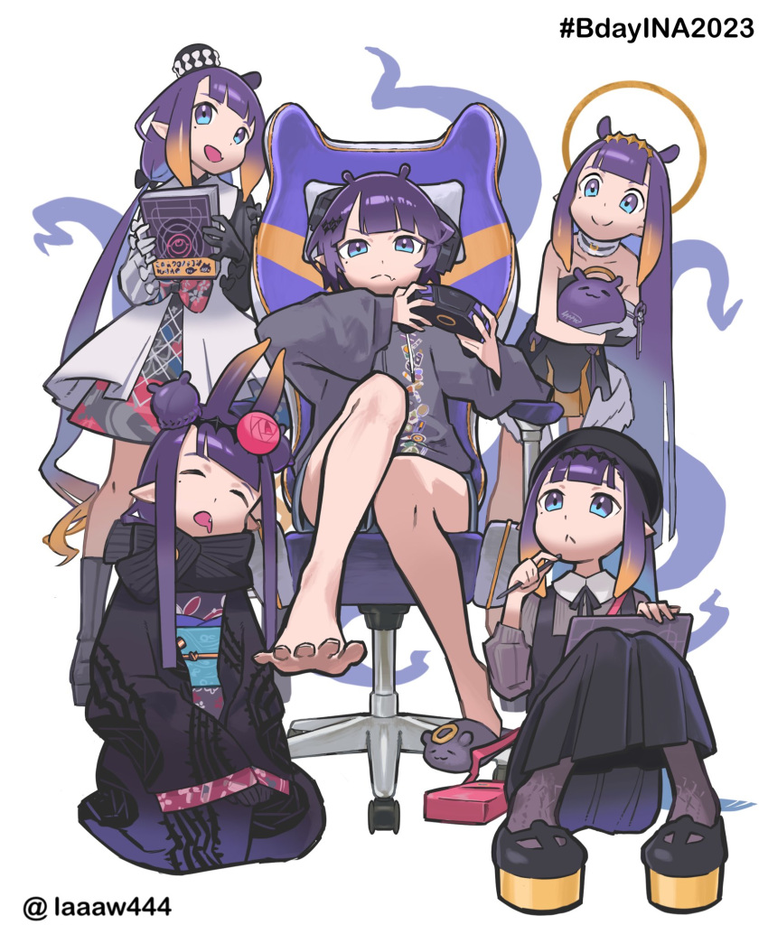 1girl ao-chan_(ninomae_ina'nis) barefoot black_dress black_kimono blue_eyes blunt_bangs book chair controller dress feet gaming_chair grey_hoodie halo hashtag highres holding holding_book holding_controller holding_drawing_tablet holding_stylus hololive hololive_english hood hoodie japanese_clothes kimono kneeling knees_together_feet_apart laaaw444 legs mole mole_under_eye multicolored_hair multiple_persona ninomae_ina'nis ninomae_ina'nis_(1st_costume) ninomae_ina'nis_(2nd_costume) ninomae_ina'nis_(3rd_costume) ninomae_ina'nis_(4th_costume) ninomae_ina'nis_(5th_costume) official_alternate_costume official_alternate_hairstyle orange_hair playing_games pointy_ears purple_hair sitting spread_toes stylus swivel_chair takodachi_(ninomae_ina'nis) tentacles toes twitter_username virtual_youtuber white_background white_dress