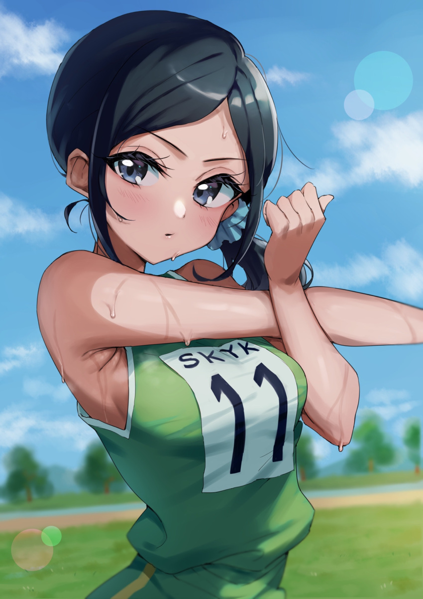 1girl absurdres black_hair blue_eyes blue_scrunchie blue_sky blurry blurry_background blush closed_mouth cloud cloudy_sky commentary day depth_of_field frown green_shirt green_shorts hair_ornament hair_scrunchie healin'_good_precure highres jikai_ing lens_flare looking_at_viewer mountainous_horizon outdoors precure sawaizumi_chiyu scrunchie shirt short_ponytail shorts sidelocks sky sleeveless sleeveless_shirt solo stretching sweat swept_bangs track_uniform upper_body