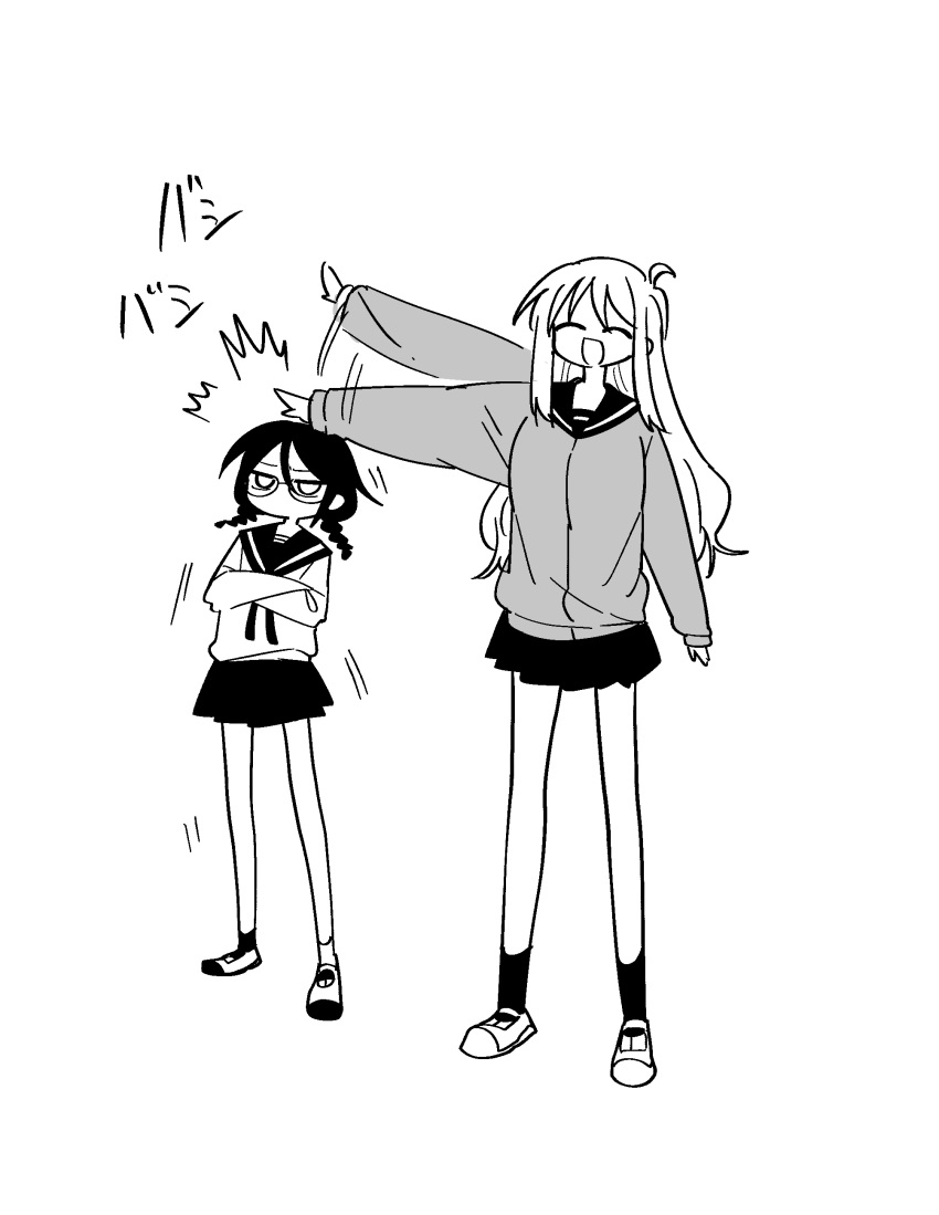 2girls ^_^ absurdres afterimage aged_up ahoge braid cardigan closed_eyes commentary_request crossed_arms full_body furrowed_brow glasses greyscale headpat height_difference highres long_hair long_sleeves low_twin_braids monochrome multiple_girls nao_(70_pocky) null-meta open_mouth pleated_skirt school_uniform serafuku shoes sidelocks simple_background skirt slapping smile souen_chiaki standing twin_braids uozumi_kurumi uwabaki