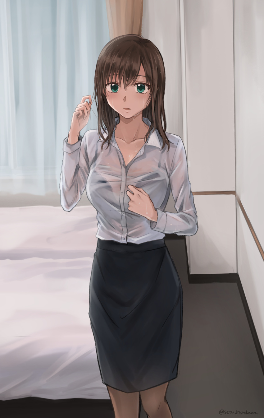 1girl artist_name bed black_bra black_skirt bra bra_visible_through_clothes brown_hair collarbone collared_shirt commentary_request commission cowboy_shot green_eyes hair_between_eyes highres indoors long_hair long_sleeves looking_at_viewer office_lady original parted_lips pencil_skirt pixiv_commission see-through setu_kurokawa shirt skirt solo standing twitter_username underwear watermark wet wet_clothes wet_shirt white_shirt