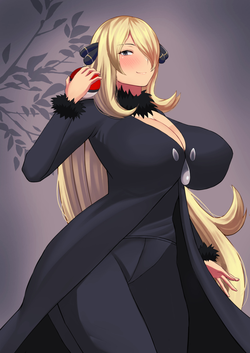 1girl black_coat black_pants blonde_hair blush breasts cleavage closed_mouth coat commentary_request cynthia_(pokemon) fur-trimmed_sleeves fur_collar fur_trim grey_eyes hair_ornament hair_over_one_eye hand_up highres holding holding_poke_ball huge_breasts long_hair looking_at_viewer pants poke_ball poke_ball_(basic) pokemon pokemon_(game) pokemon_dppt skyloveit smile solo very_long_hair