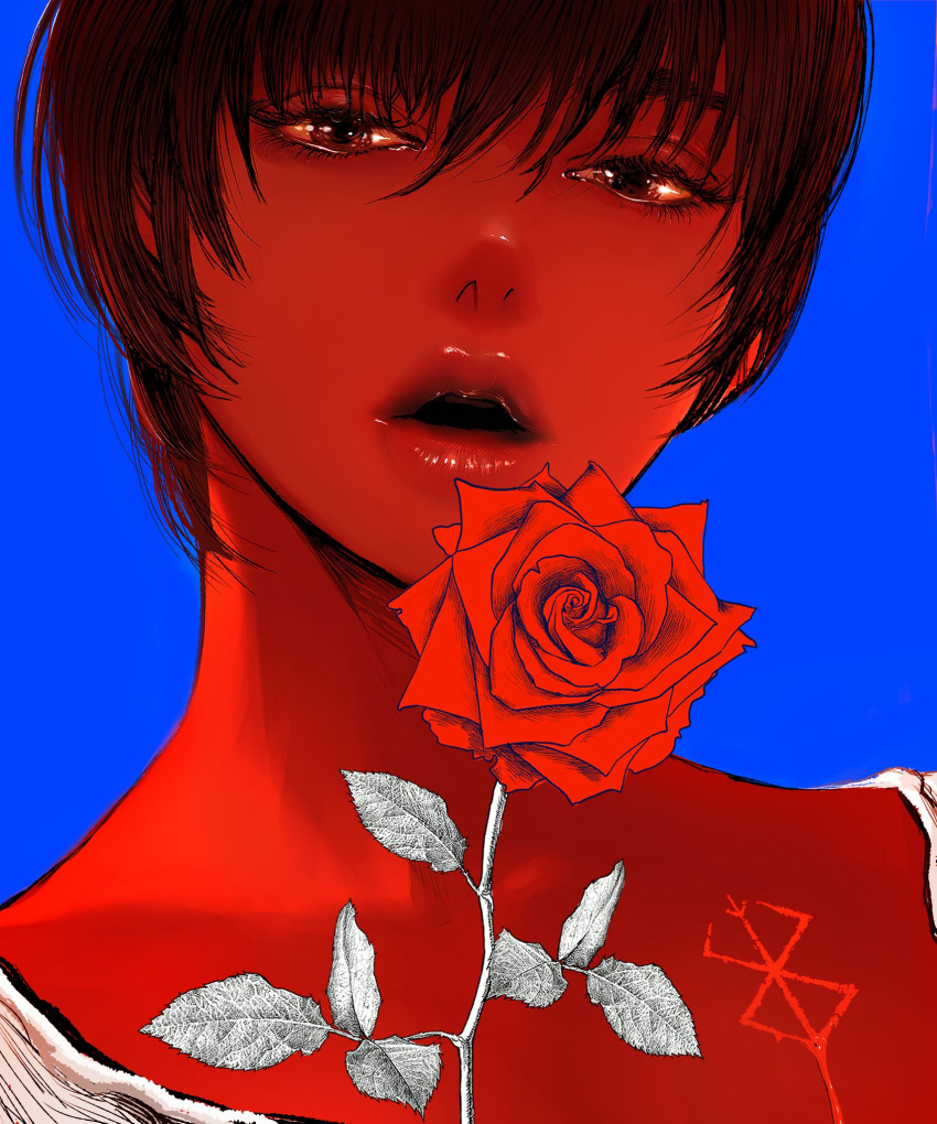 1girl berserk black_hair blue_background brand_of_sacrifice brown_eyes casca_(berserk) commentary_request flower hair_between_eyes highres leaf looking_at_viewer nisino2222 open_mouth parted_lips red_flower short_hair solo