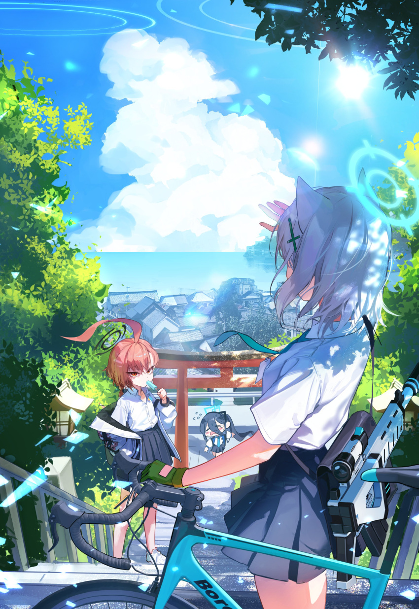 3girls absurdres ahoge animal_ears aris_(blue_archive) assault_rifle bicycle blue_archive blue_sky chibi closed_eyes cloud food food_in_mouth ggoc_ill gun halo highres holding holding_food holding_popsicle jacket multiple_girls necktie neru_(blue_archive) ocean orange_hair popsicle popsicle_in_mouth red_eyes rifle school_uniform shiroko_(blue_archive) sig_556 sky stairs stone_lantern sukajan summer summer_uniform sweat torii town tree weapon wolf_ears wolf_girl