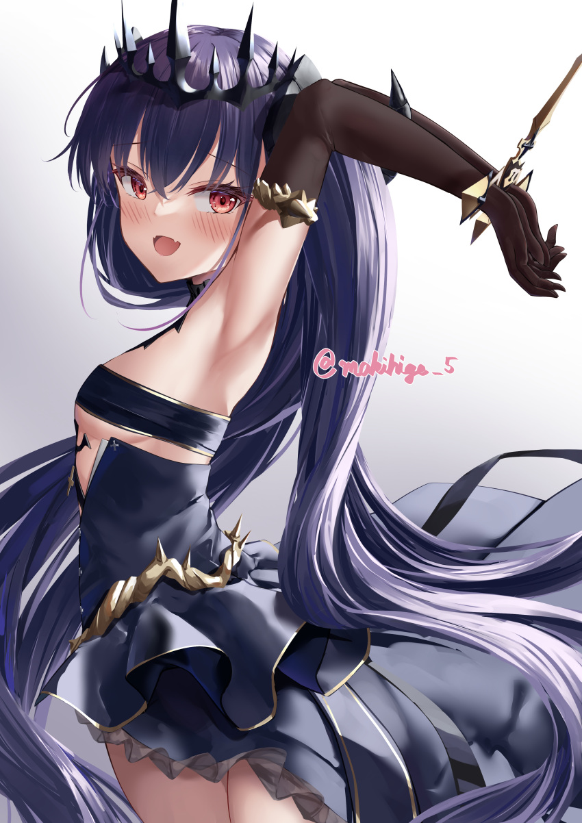 1girl absurdres armpits arms_behind_head arms_up azur_lane black_dress black_gloves black_horns blush bound bound_wrists breasts crossed_bangs curled_horns dress elbow_gloves fang felix_schultz_(azur_lane) frilled_dress frills from_side gloves gradient_background hair_between_eyes highres horns long_hair looking_at_viewer looking_to_the_side makihige presenting_armpit purple_hair red_eyes revealing_clothes simple_background skin_fang small_breasts solo tiara twitter_username
