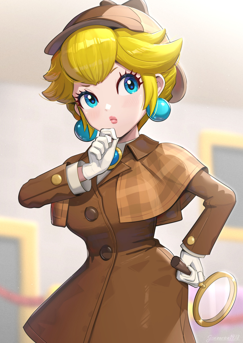 1girl blonde_hair blue_eyes blurry blurry_background brooch brown_coat coat deerstalker depth_of_field detective_peach earrings gloves gonzarez hand_on_own_chin hat highres holding holding_magnifying_glass indoors jacket jewelry looking_to_the_side looking_up magnifying_glass mario_(series) official_alternate_costume official_alternate_hairstyle princess_peach princess_peach:_showtime! short_hair solo sphere_earrings white_gloves