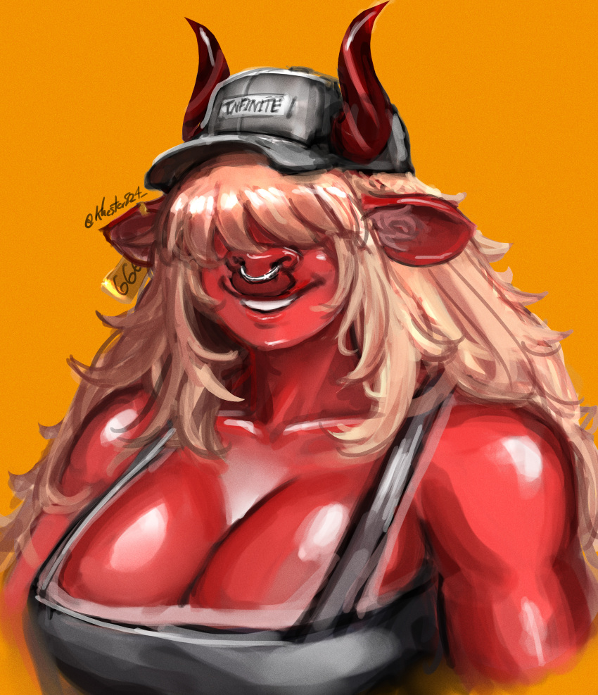 absurd_res anthro big_breasts bovid bovine breasts cattle clothing demon desdemona_(fortnite) epic_games facial_piercing female fortnite hair hair_over_eyes hi_res horn inner_ear_fluff khester824 mammal nose_piercing nose_ring overalls piercing red_body ring_piercing solo tuft