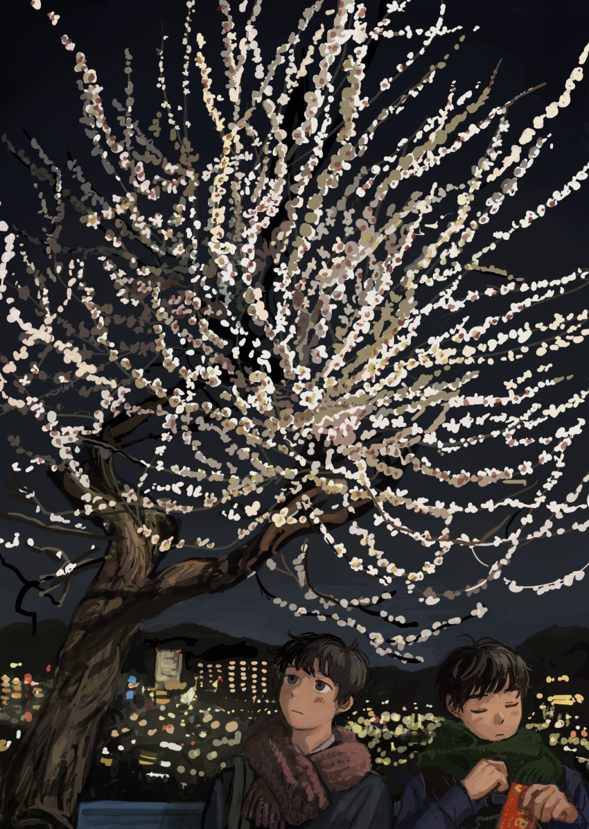 2boys bench black_eyes black_hair black_jacket blue_jacket blush city_lights closed_eyes closed_mouth commentary_request expressionless flower food green_scarf highres holding holding_food jacket looking_up male_focus minahamu mountainous_horizon multiple_boys night original outdoors plant_request red_scarf scarf scenery short_hair shoulder_strap side-by-side sitting skyline tree upper_body white_flower wide_shot