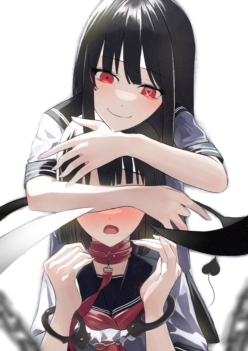 2girls absurdres arisugawa_bii black_hair black_sailor_collar blush closed_mouth collar commentary covering_another's_eyes demon_tail film_grain hair_between_eyes hands_up heart heart-shaped_pupils highres leash long_hair looking_at_viewer mismatched_pupils multiple_girls neckerchief nose_blush open_mouth original red_collar red_eyes red_neckerchief sailor_collar school_uniform serafuku shirt short_sleeves sidelocks simple_background smile symbol-shaped_pupils tail upper_body white_background white_serafuku white_shirt yuri