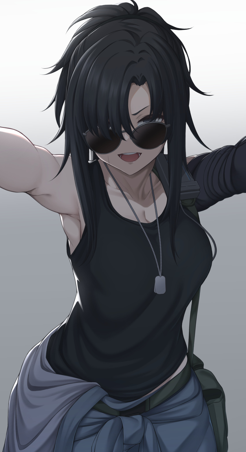 1girl :d absurdres act_(xadachit) angelia_(girls'_frontline) bare_shoulders black_hair black_shirt breasts cleavage collarbone commentary commission dog_tags english_commentary girls'_frontline gradient_background grey_background highres large_breasts long_hair looking_at_viewer looking_over_eyewear open_mouth revision shirt simple_background sleeveless smile solo sunglasses