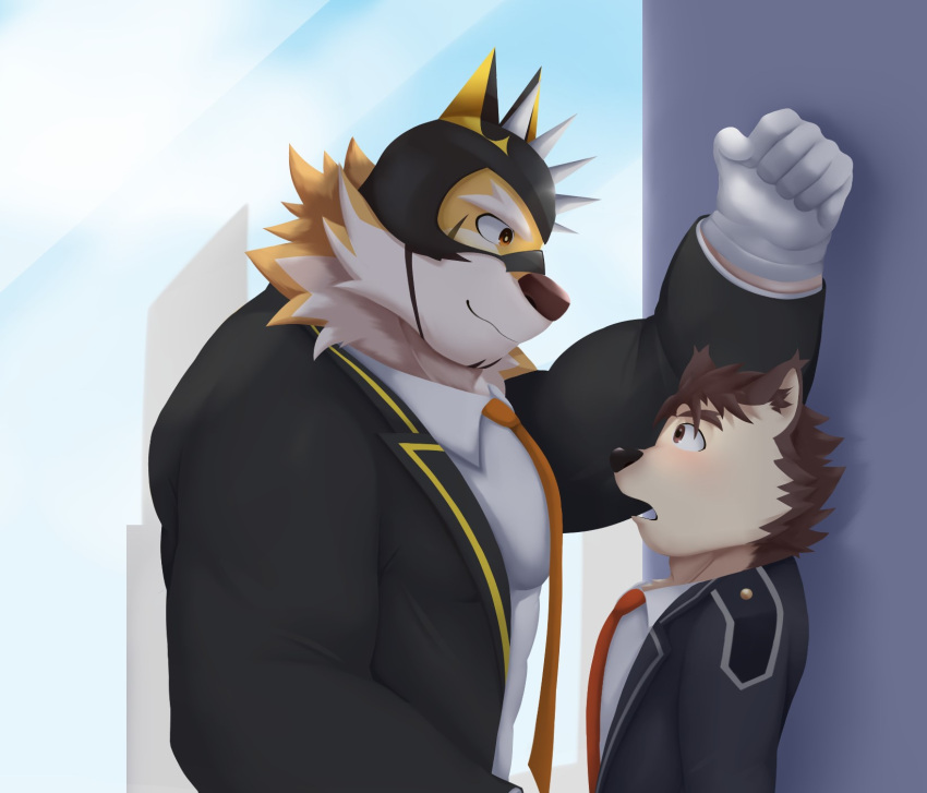 anthro blush canid canine canis clothing dog_operator domestic_dog duo embarrassed felid gloves handwear hi_res kabedon lifewonders live_a_hero male male/male mammal mask muscular muscular_anthro muscular_male necktie pantherine pecs r3versep4ranoia ryekie_(live_a_hero) suit tiger
