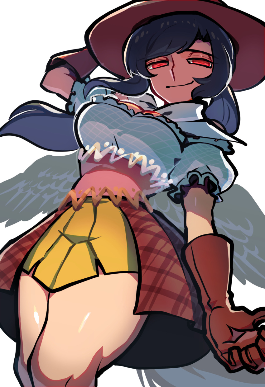 1girl black_hair breasts cowboy_hat feathered_wings from_below gloves hat highres iganashi1 kurokoma_saki leather leather_gloves looking_at_viewer plaid plaid_skirt red_eyes red_gloves red_headwear shirt skirt smile thighs touhou white_background white_shirt wings
