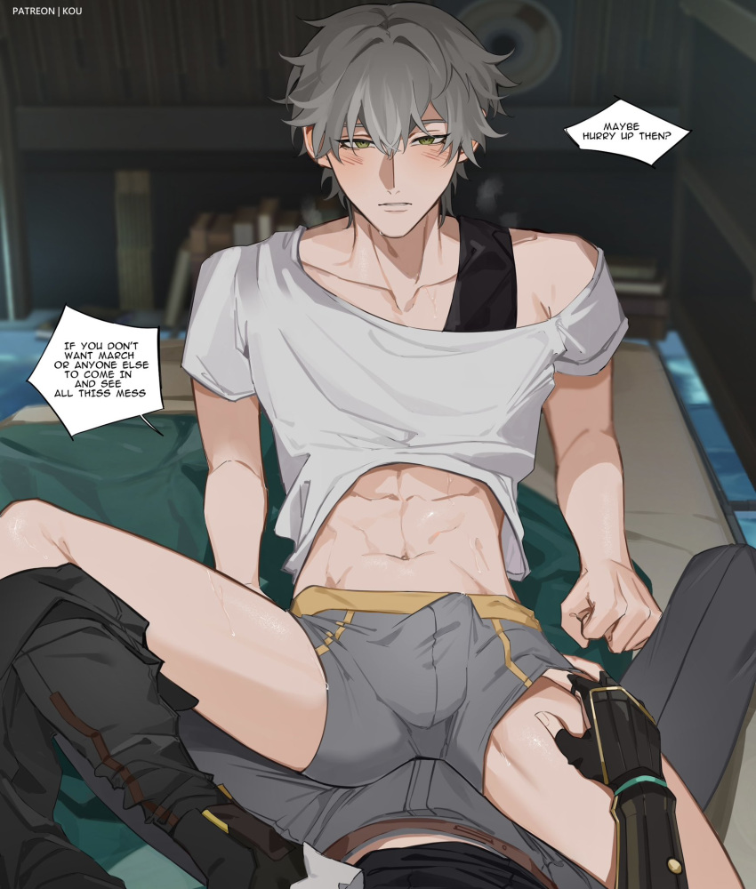 2boys black_pants blush bulge caelus_(honkai:_star_rail) clenched_hand collarbone couple dan_heng_(honkai:_star_rail) english_commentary erection erection_under_clothes fingerless_gloves gloves grey_hair grey_pants hair_between_eyes hand_on_another's_thigh highres honkai:_star_rail honkai_(series) looking_at_viewer lying male_focus multiple_boys navel pants pants_removed pov shirt short_hair speech_bubble sweatdrop trailblazer_(honkai:_star_rail) white_shirt yaoi yellow_eyes yukaero4