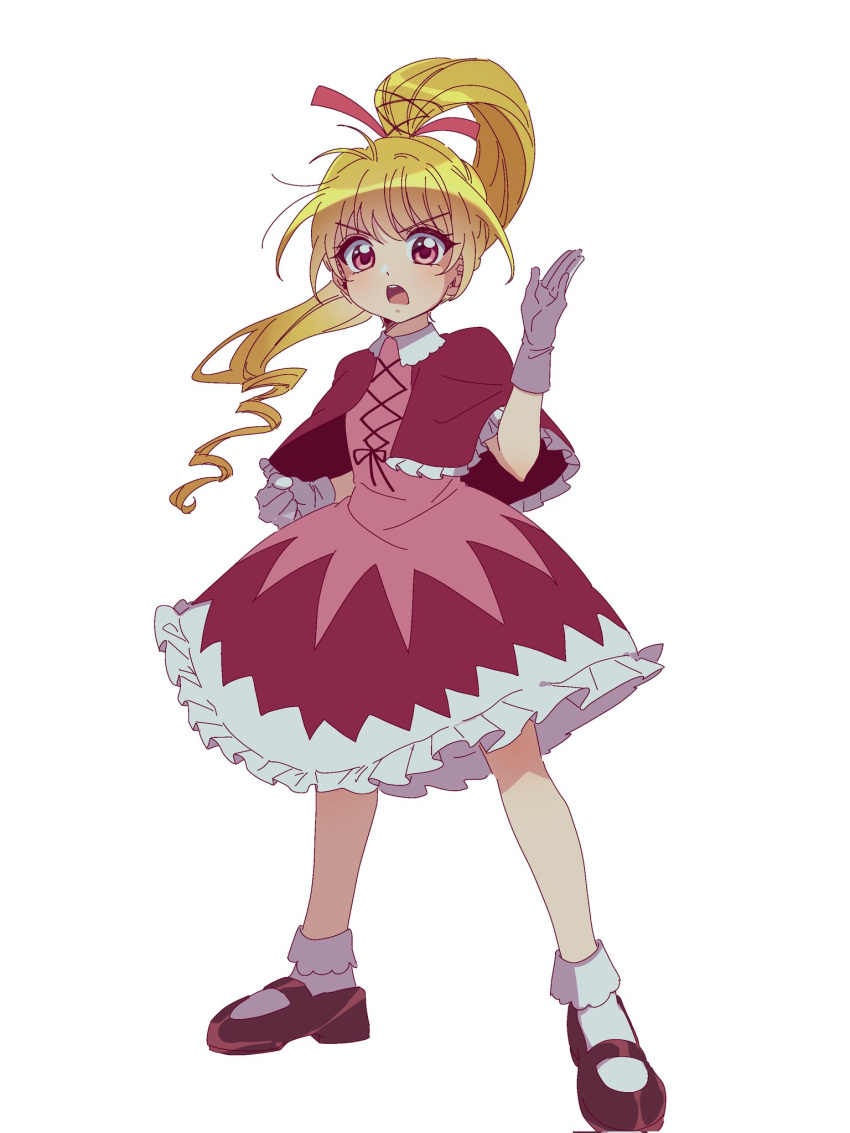 1girl biscuit_krueger blonde_hair brown_eyes capelet chikasarang collar cross-laced_clothes cross-laced_top dress drill_hair drill_ponytail frilled_collar frills full_body gloves hair_ribbon highres hunter_x_hunter long_hair looking_at_viewer mary_janes ponytail red_capelet red_dress ribbon shoes simple_background solo white_background white_gloves