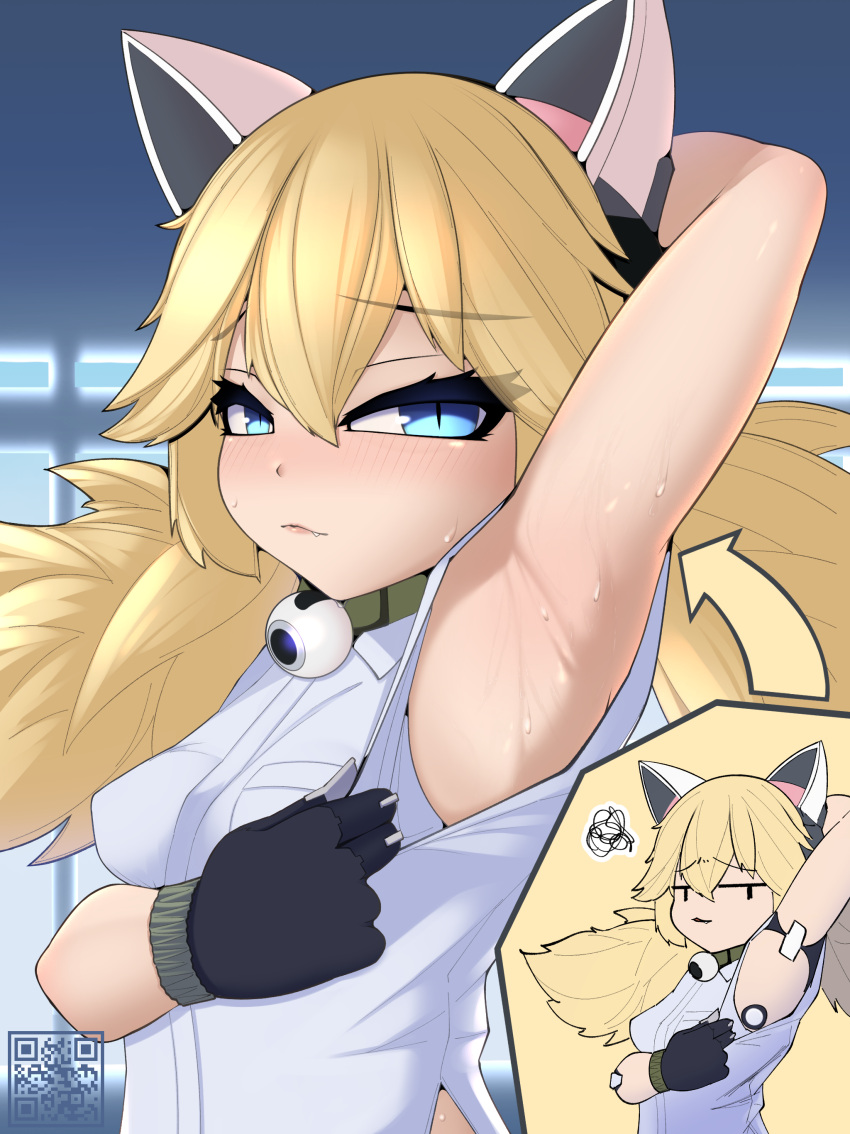 1girl absurdres animal_ears animal_hands arm_behind_head armpit_focus armpits arrow_(symbol) betty_(girls'_frontline_nc) blonde_hair blue_eyes blush breasts cat_ears closed_mouth collar commentary_request expectations/reality fang fang_out girls'_frontline girls'_frontline_neural_cloud hair_between_eyes half-closed_eyes highres idw_(girls'_frontline) joints light_smile long_hair looking_at_viewer medium_breasts presenting_armpit qr_code robot_joints shirt short_sleeves slit_pupils solo squiggle sweat twintails upper_body white_shirt yonao