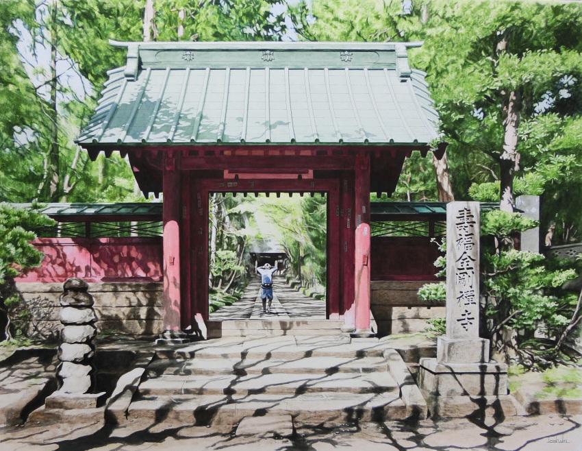 1boy dappled_sunlight day forest highres nature original painting_(medium) plant shrine solo stairs sunlight toirom_pmxh torii traditional_media tree tree_shade watercolor_(medium)