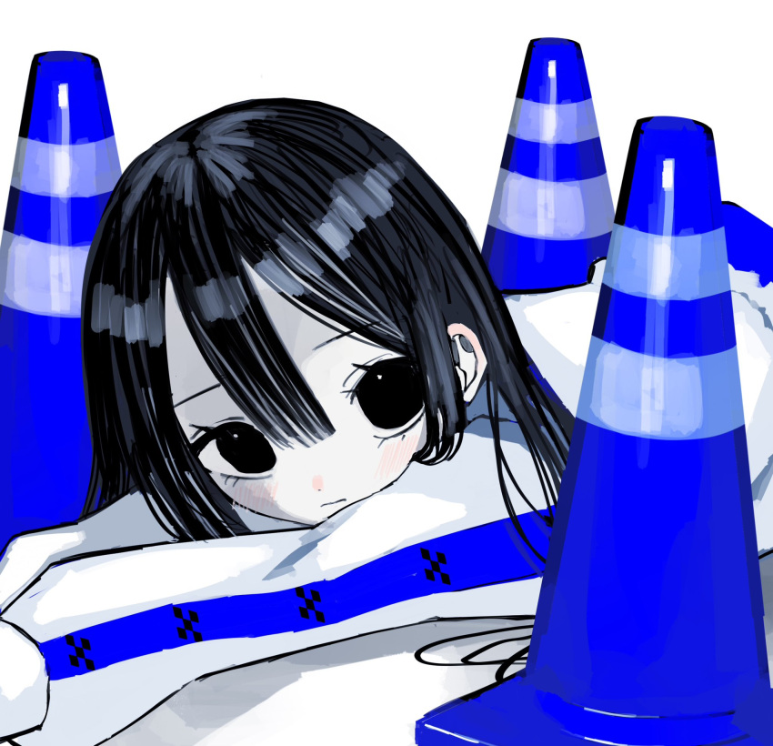 1girl black_eyes black_hair blue_theme closed_mouth commentary hair_between_eyes highres jacket light_blush limited_palette long_hair long_sleeves looking_at_viewer lying on_stomach original simple_background solo straight_hair traffic_cone upper_body urokogaran white_background white_jacket