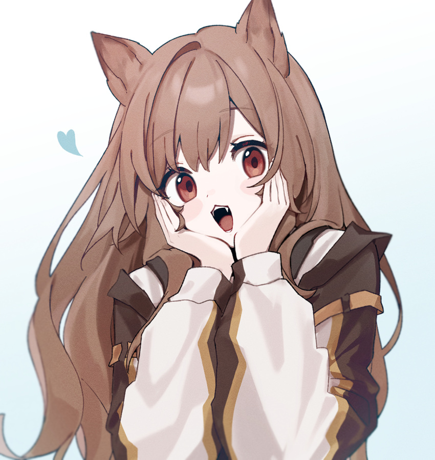 1girl animal_ears arknights blush brown_hair ceobe_(arknights) dog_ears fangs hands_on_own_cheeks hands_on_own_face heart highres long_hair long_sleeves looking_at_viewer open_mouth red_eyes simple_background solo upper_body very_long_hair white_background