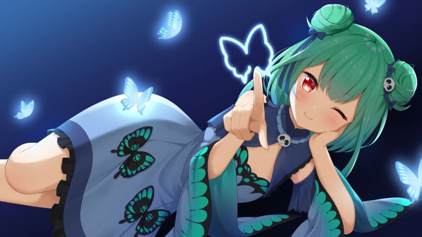 1girl 7fuji_06 blue_background blush breasts bug butterfly butterfly_in_eye cleavage_cutout clothing_cutout detached_sleeves double_bun dress glowing_butterfly green_hair hair_bun hair_ornament hair_ribbon hand_on_own_cheek hand_on_own_face head_rest highres hololive long_hair long_sleeves looking_at_viewer lying on_side pointing pointing_at_viewer red_eyes ribbon sidelocks skull_brooch skull_hair_ornament small_breasts solo uruha_rushia virtual_youtuber wide_sleeves writing_on_fourth_wall