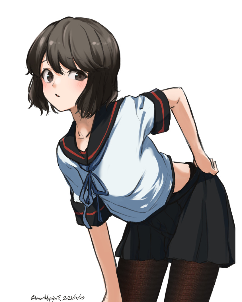 1girl absurdres black_hair black_sailor_collar black_skirt blush brown_eyes dated hair_between_eyes highres kantai_collection leaning_forward looking_at_viewer miyuki_(kancolle) miyuki_kai_ni_(kancolle) pantyhose parted_lips pleated_skirt sailor_collar school_uniform serafuku short_hair short_sleeves simple_background skirt solo twitter_username umibudou white_background