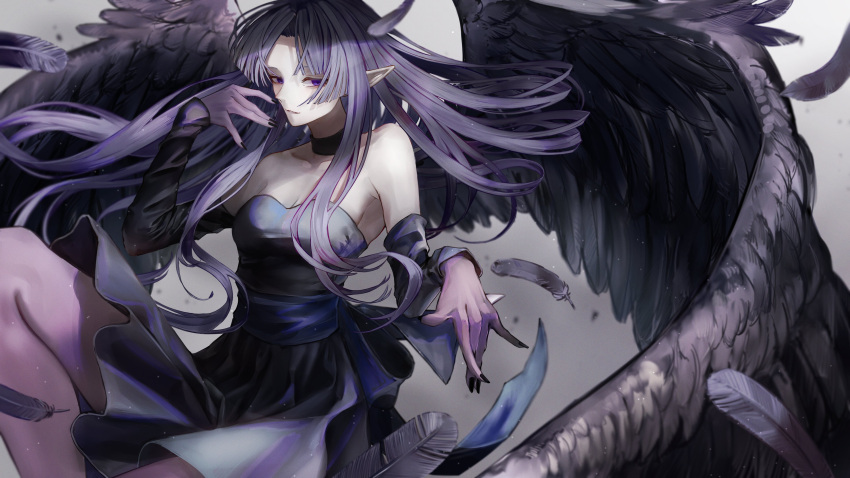 1girl absurdres bare_shoulders black_nails breasts choker cleavage colored_skin commission detached_sleeves dress duel_monster falling_feathers feathered_wings fingernails gradient_skin hand_up highres leg_up night_wing_sorceress pale_skin parted_lips pointy_ears purple_eyes purple_hair purple_skin safutsuguon skeb_commission solo wings yu-gi-oh!