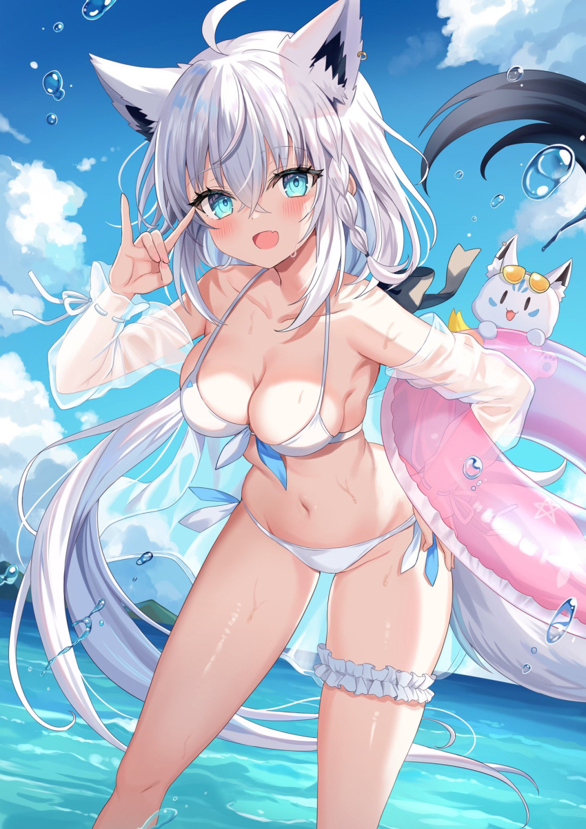 1girl ahoge animal_ears armpits bare_shoulders bikini blue_eyes braid breasts bridal_garter character_request check_character cleavage day fox_ears fox_girl fox_shadow_puppet fox_tail front-tie_bikini_top front-tie_top halterneck highres hololive innertube long_hair looking_at_viewer low_ponytail medium_breasts miteiru_(shirakami_fubuki) navel off_shoulder open_mouth outdoors retsuto see-through shirakami_fubuki side-tie_bikini_bottom smile solo standing stomach string_bikini swimsuit tail thighs very_long_hair virtual_youtuber wading water wet white_bikini white_hair