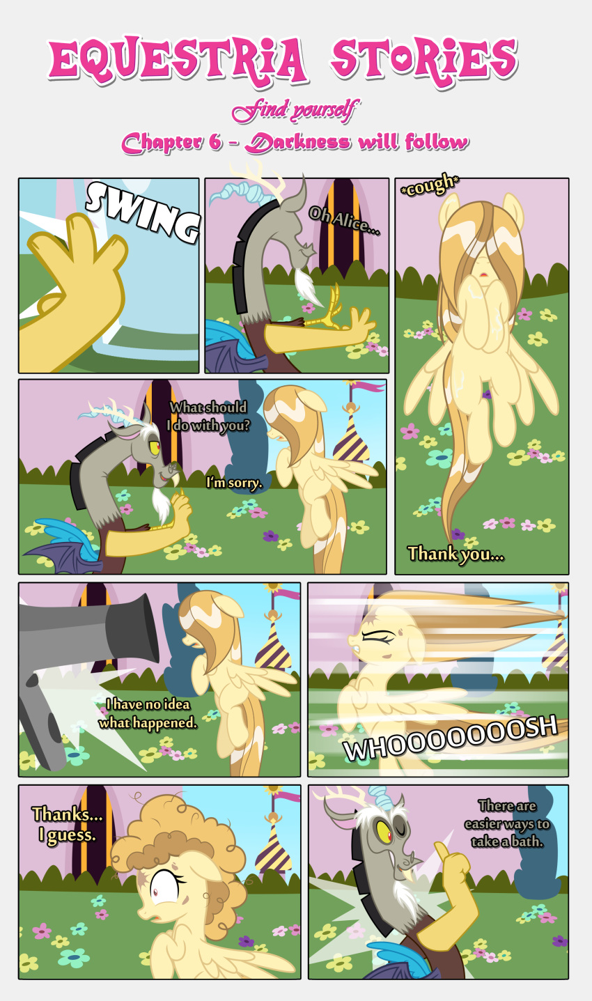 absurd_res alice_goldenfeather_(estories) anthro black_border border brown_spots canterlot chimera dialogue discord_(mlp) draconequus dryer drying duo ears_down ears_up equid equine estories eyes_closed female feral flower friendship_is_magic grass hair_dryer hasbro hi_res magic male mammal my_little_pony no_cutiemark obstructed_face one_eye_closed open_mouth outside pegasus pivoted_ears plant shrub spots thank_you wet wet_mane wide_eyed wings wink