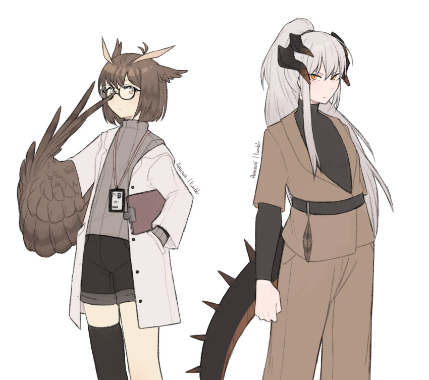 2girls adjusting_eyewear arkiwi arknights black_shirt black_shorts black_thighhighs brown_hair brown_jacket clenched_hand cowboy_shot dragon_girl dragon_horns feathers glasses grey_hair grey_shirt hair_between_eyes hand_in_pocket highres horns id_card jacket lanyard layered_sleeves long_hair looking_at_viewer multiple_girls off_shoulder open_clothes open_jacket owl_ears ponytail rhine_lab_logo ribbed_shirt round_eyewear saria_(arknights) semi-rimless_eyewear shirt short_hair shorts sidelocks silence_(arknights) simple_background single_thighhigh thighhighs under-rim_eyewear v-shaped_eyebrows very_long_hair white_background white_jacket yellow_eyes