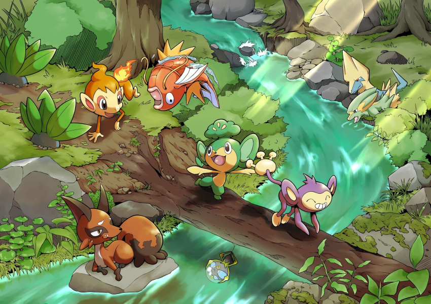 aipom black_eyes bush chimchar closed_mouth day dewpider electrike forest grass hanging highres jumping log magikarp manectric nature nickit oddish on_rock open_mouth outdoors pansage plant pokemon pokemon_(creature) q-chan smile stream sunlight teeth tree