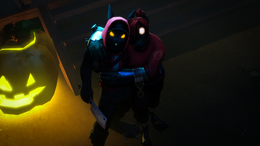 3d_(artwork) anthro blood bodily_fluids cleaver cleaver_(weapon) clothed clothing cuff_(restraint) digital_media_(artwork) duo embrace evan_(juicyducksfm) female food fruit fur gas_mask gloves glowing glowing_eyes grey_body grey_fur hair halloween handwear hi_res holidays hoodie hug humanoid jack-o'-lantern juicyducksfm lagomorph leporid male male/female mammal mask melee_weapon night plant pumpkin pyro_(team_fortress_2) rabbit red_hair restraints shackles source_filmmaker stairs team_fortress_2 topwear torn_clothing torn_gloves torn_handwear valve weapon yellow_eyes