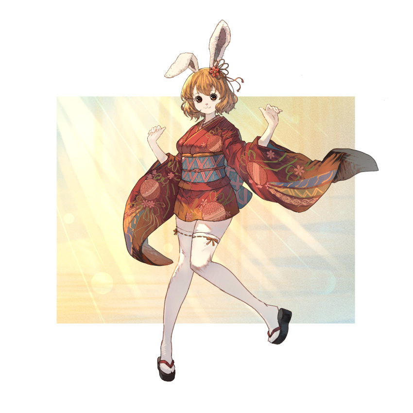 1girl absurdres arms_up blonde_hair brown_eyes bunny_day carrot_(one_piece) chagallkun flower full_body furry furry_female hair_flower hair_ornament highres japanese_clothes kimono long_sleeves looking_at_viewer medium_hair one_piece print_kimono rabbit_girl red_kimono sandals short_kimono smile thighhighs white_thighhighs wide_sleeves